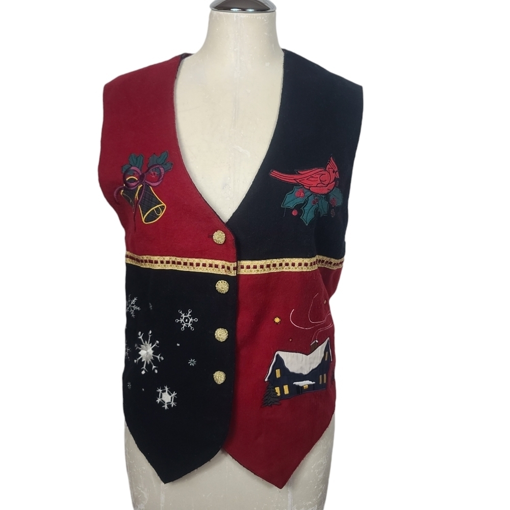Karen Scott Red Black Button Down Cardinal Snowflake Christmas Bell Vest L